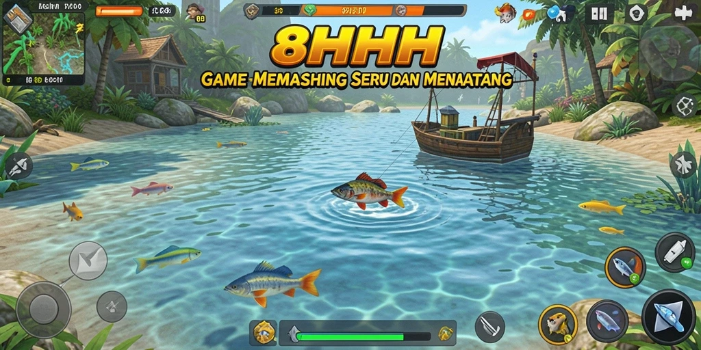 Screenshot gameplay 8HHH menampilkan aktivitas memancing yang seru.