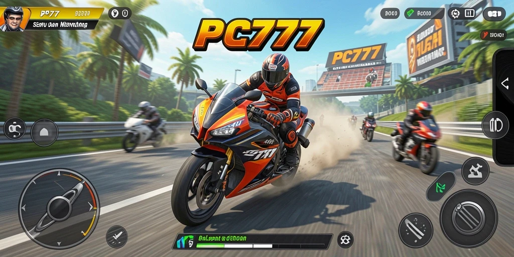 Screenshot utama PC777 menampilkan aksi balapan motor yang mendebarkan.
