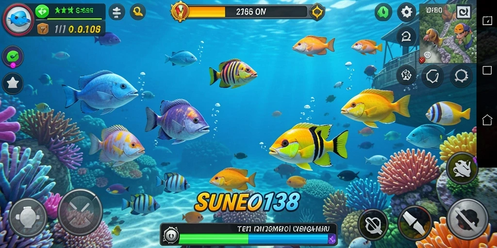 Tampilan gameplay seru dalam SUNEO138 saat menangkap ikan.