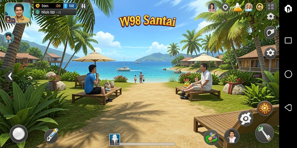 Screenshot menunjukkan gameplay V98 yang seru dan penuh warna.